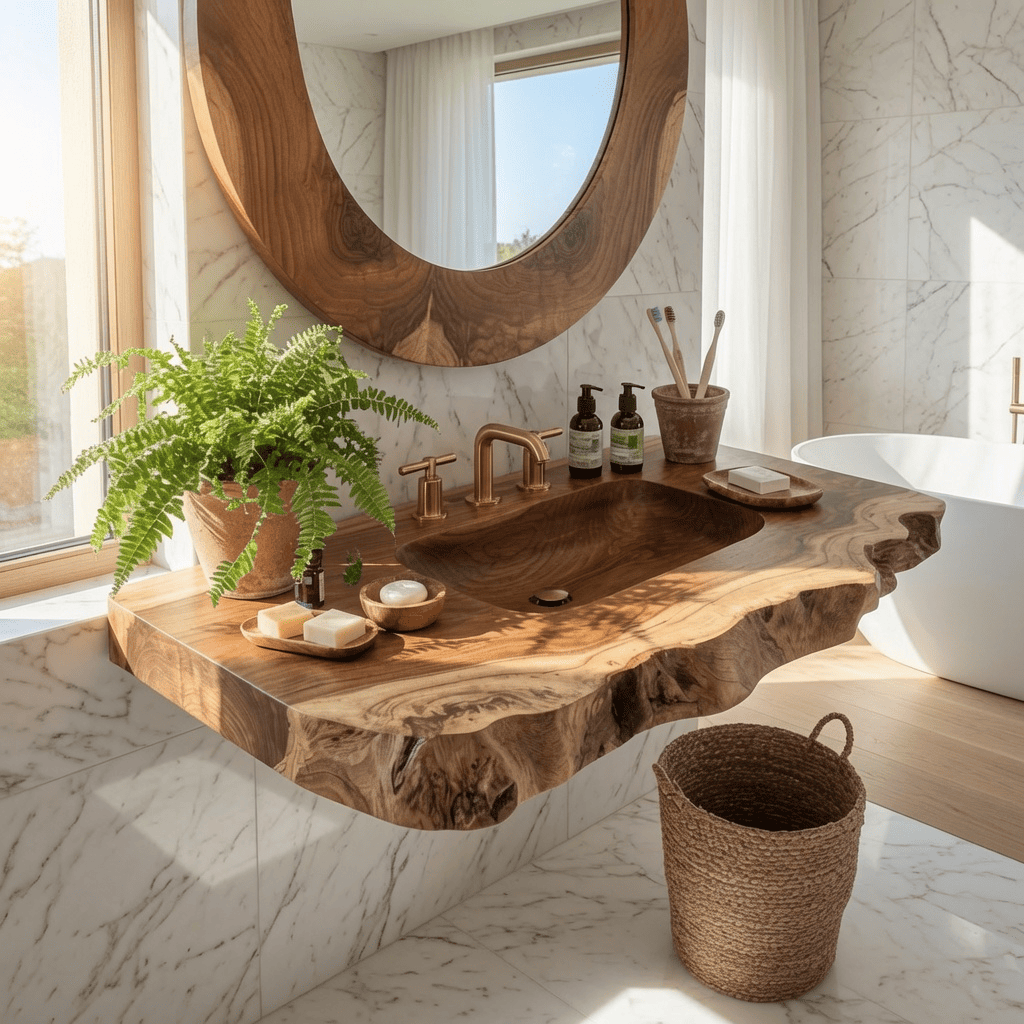Modern boomrand wastafelblad met geïntegreerde spoelbak in een luxe badkamer