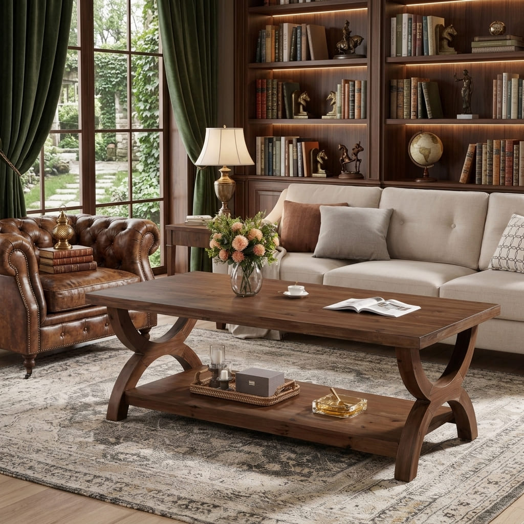 Sculpturale massief houten salontafel met kruispoot in een knusse zithoek