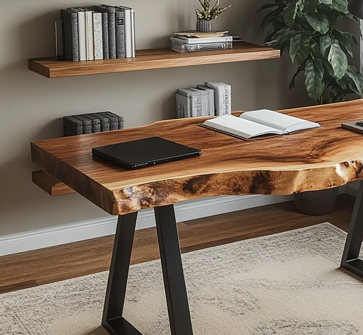 Boomrand schrijfbureau met natuurlijke houtnerfafwerking