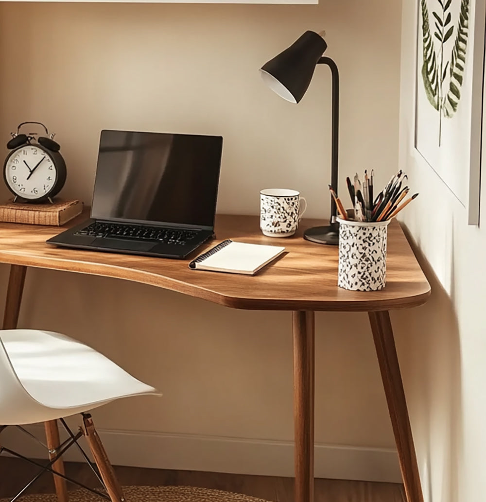 Moderne sculpturale werktafel met handgemaakte boomrand en houtnerf