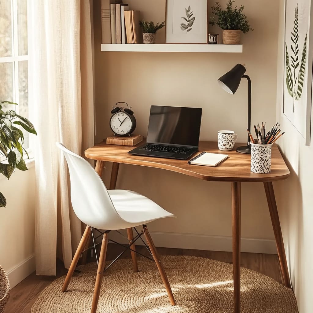 Massief houten Japandi bureau in een modern thuiskantoor