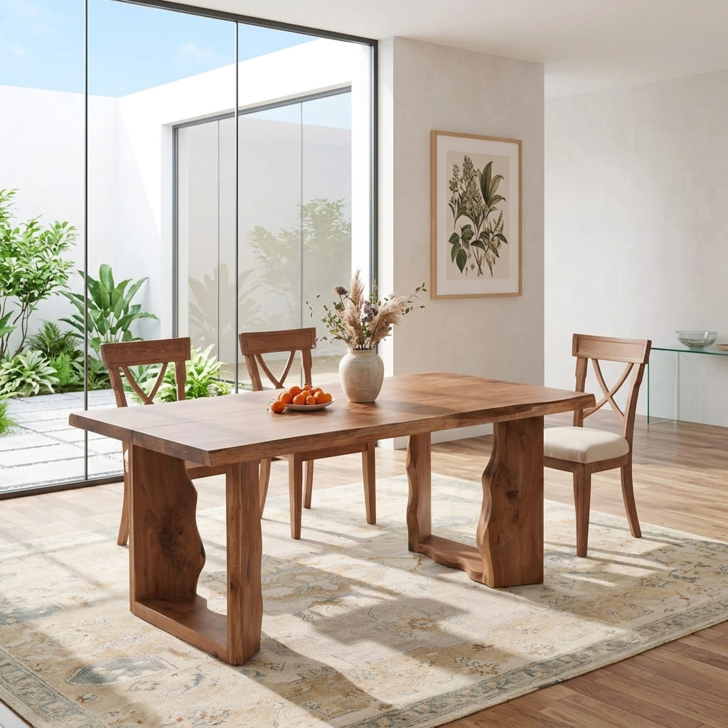 Sculpturale hardhouten eettafel in een moderne eetruimte