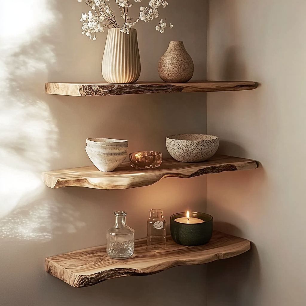 Organische houten zwevende wandplanken voor de woonkamer