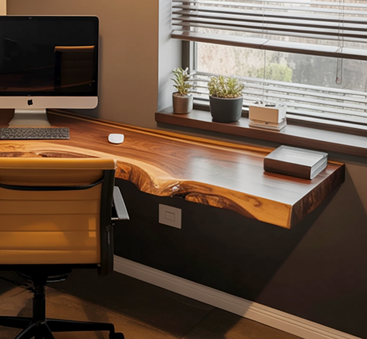 Handgemaakt hoekbureau met natuurlijk boomrand houten blad