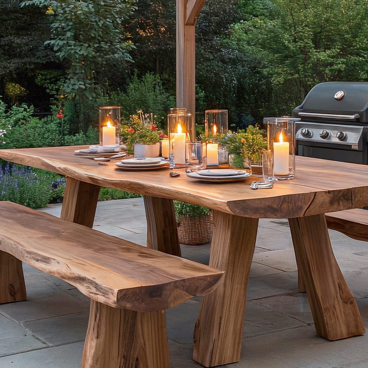 Massief houten buiteneettafel met handgemaakte boomranddetails