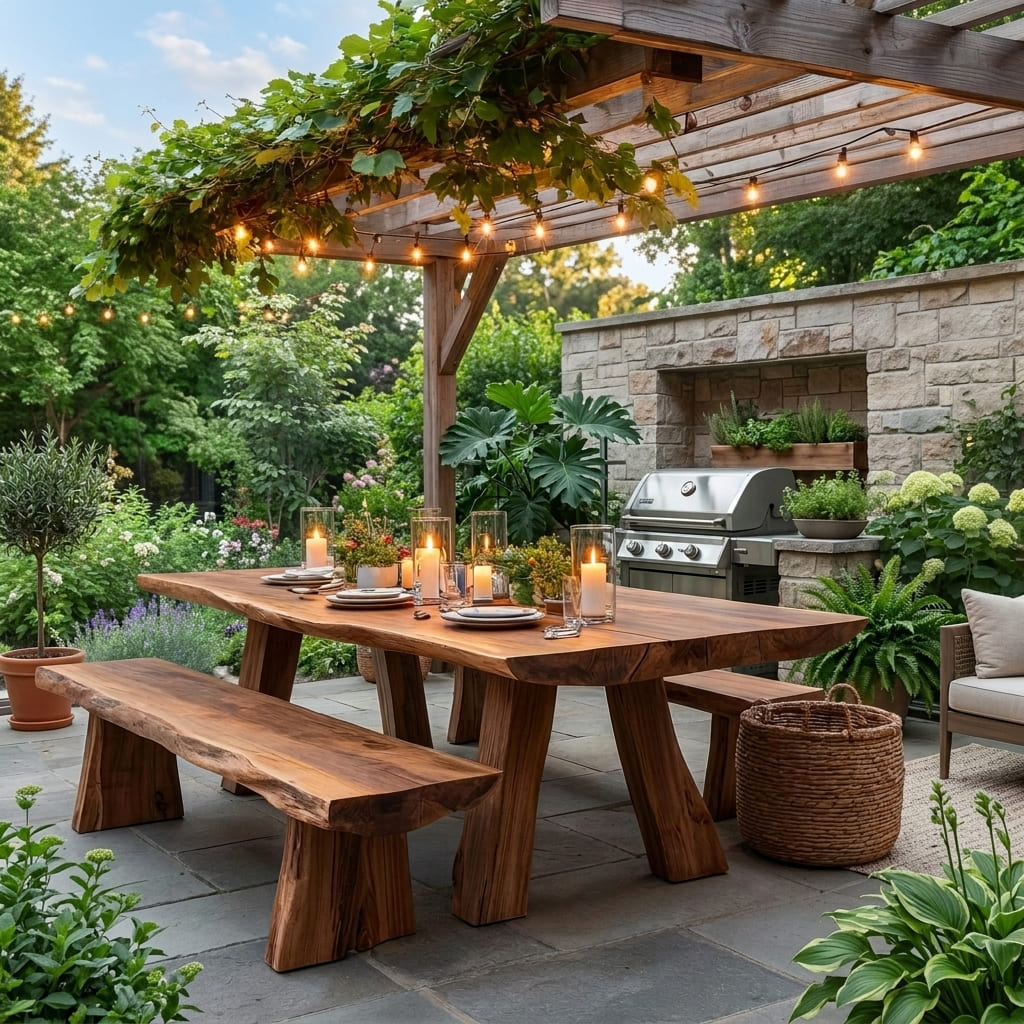 Boomrand massief houten eettafel in een moderne tuin