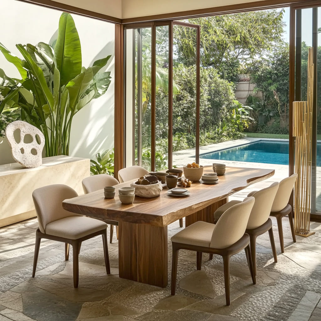 Japandi massief houten eettafel op een modern terras bij het zwembad