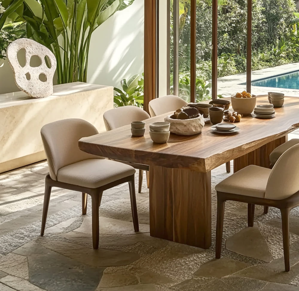Sculpturale Japandi eettafel met handgemaakt boomrand massief houtdesign