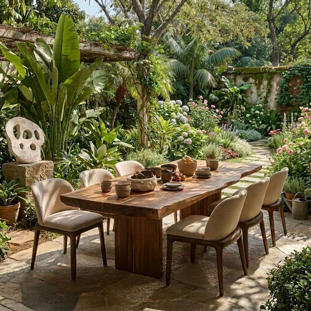 Massief houten boomrand buiteneettafel in een moderne tuinomgeving