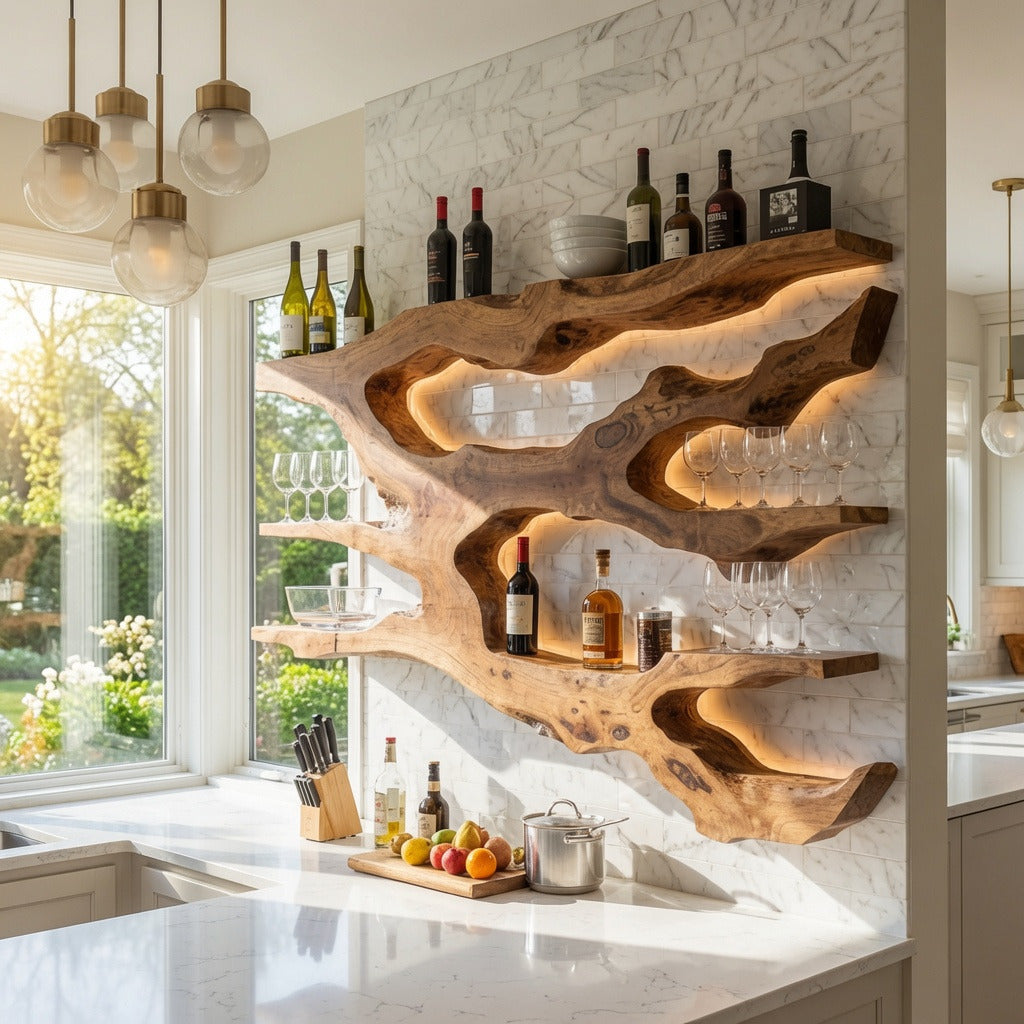 Handgemaakte sculpturale houten wandplank met keukendecoratie in een moderne keuken