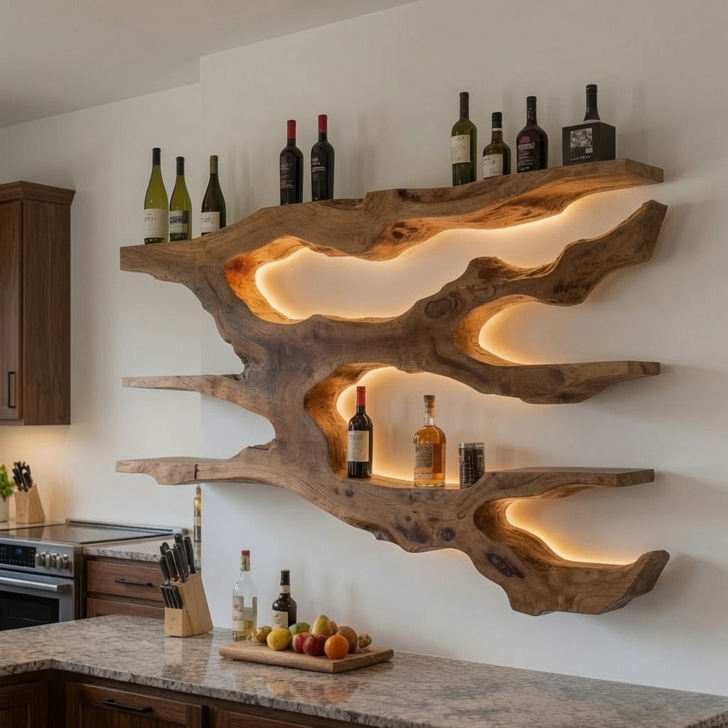 Ambachtelijke massief houten displayplank in een stijlvol keukeninterieur