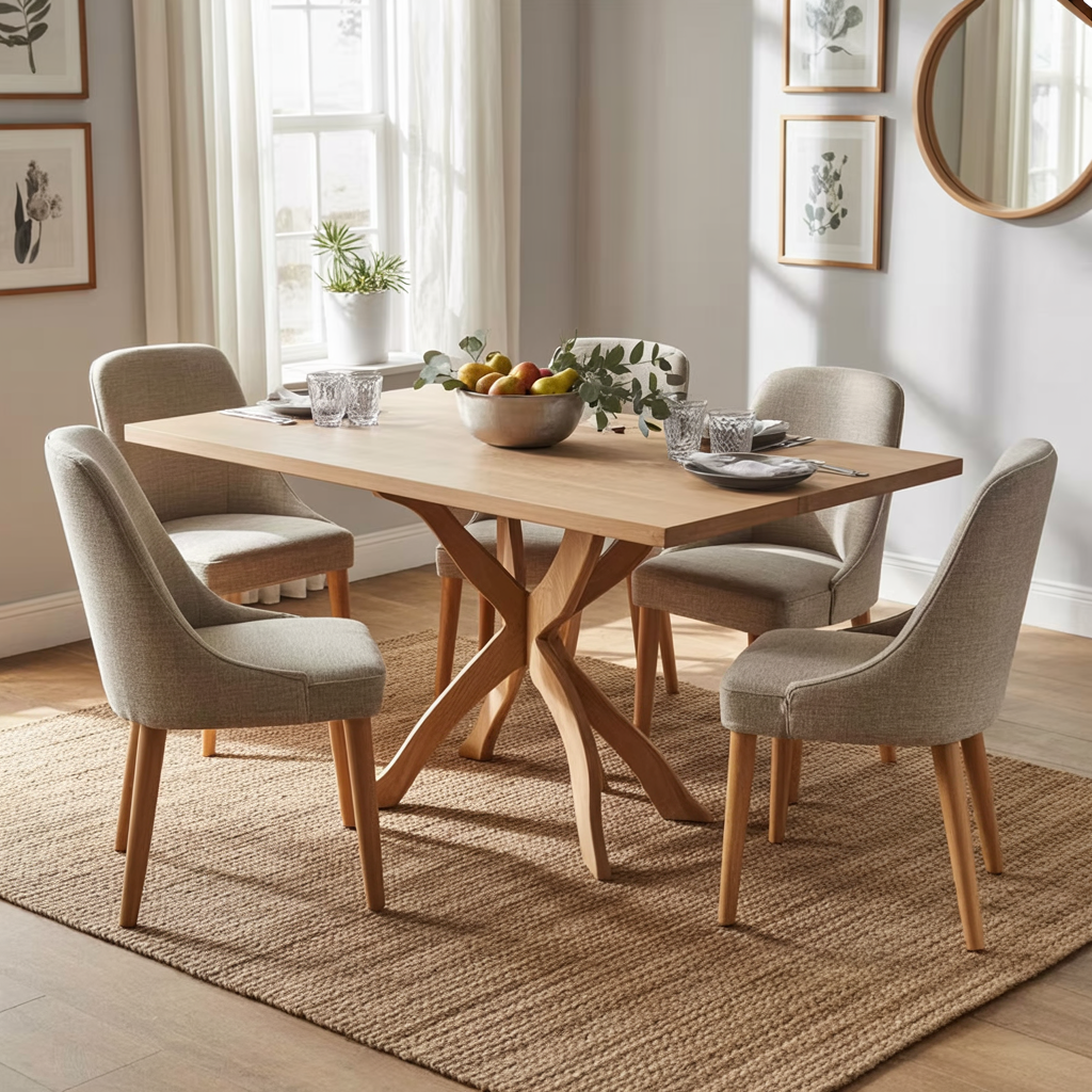 Eigentijdse rechthoekige eettafel met natuurlijke houtafwerking
