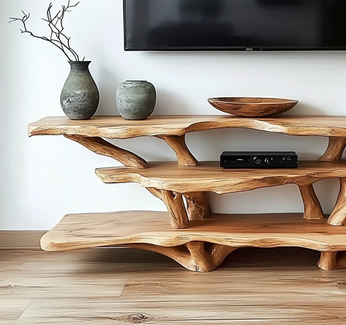 Sculpturaal massief houten tv-meubel met boomtakaccenten in moderne living