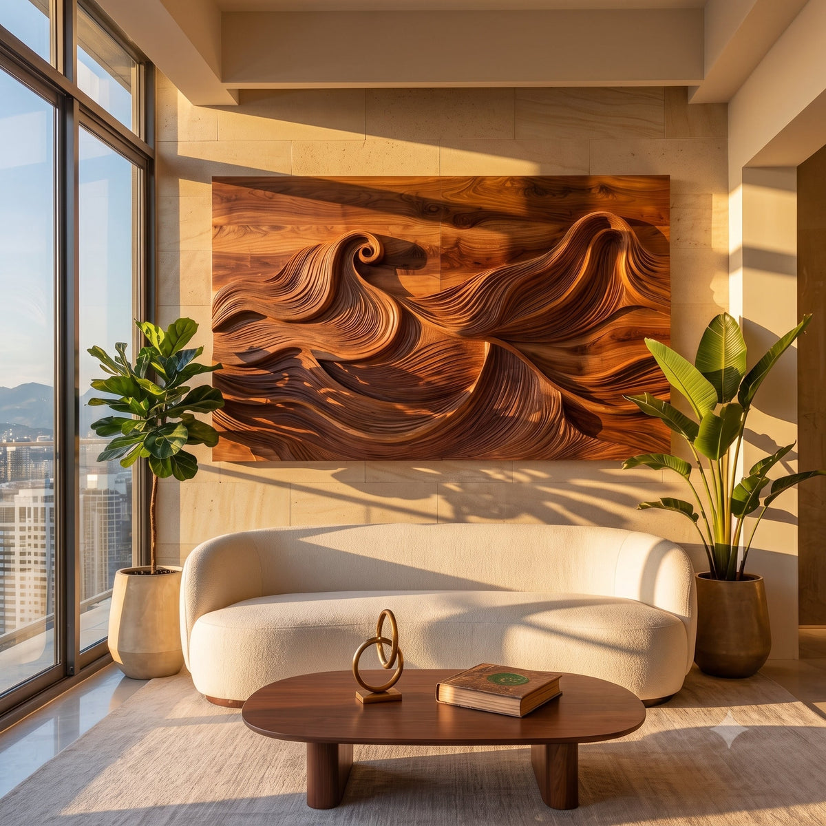 Organisch moderne golf-wandkunst van massief hout in een eigentijdse woonkamer
