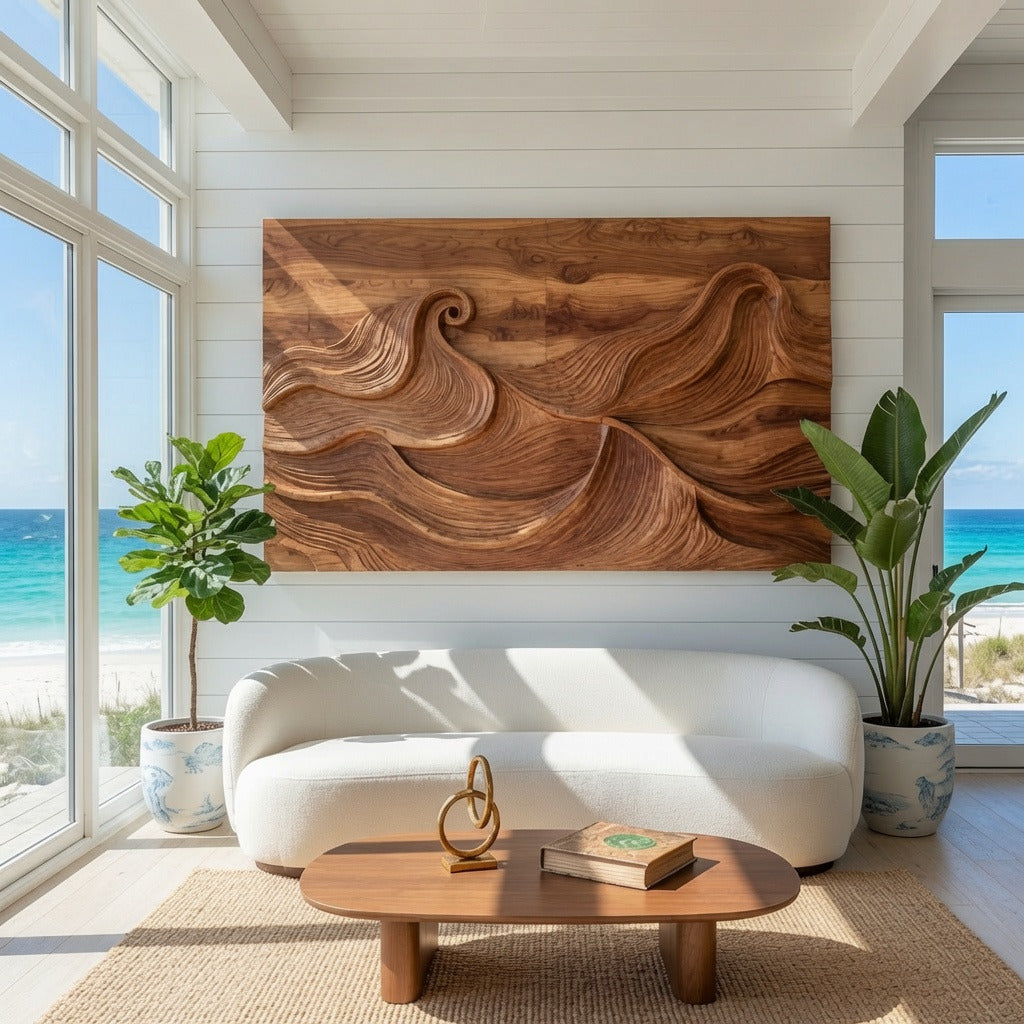 Organische massief houten wanddecoratie als middelpunt in een luxe woonkamer
