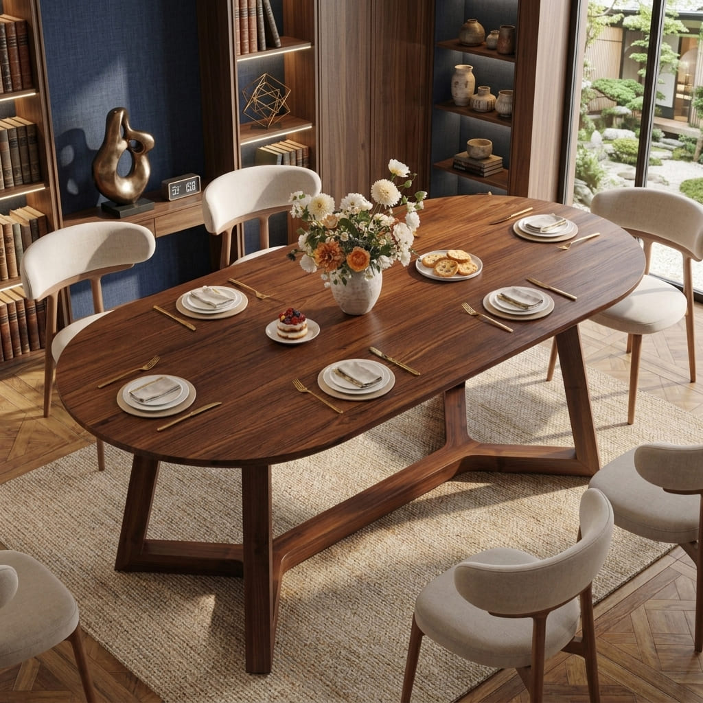 Natuurhouten ovale eettafel als middelpunt in een minimalistische eetkamer