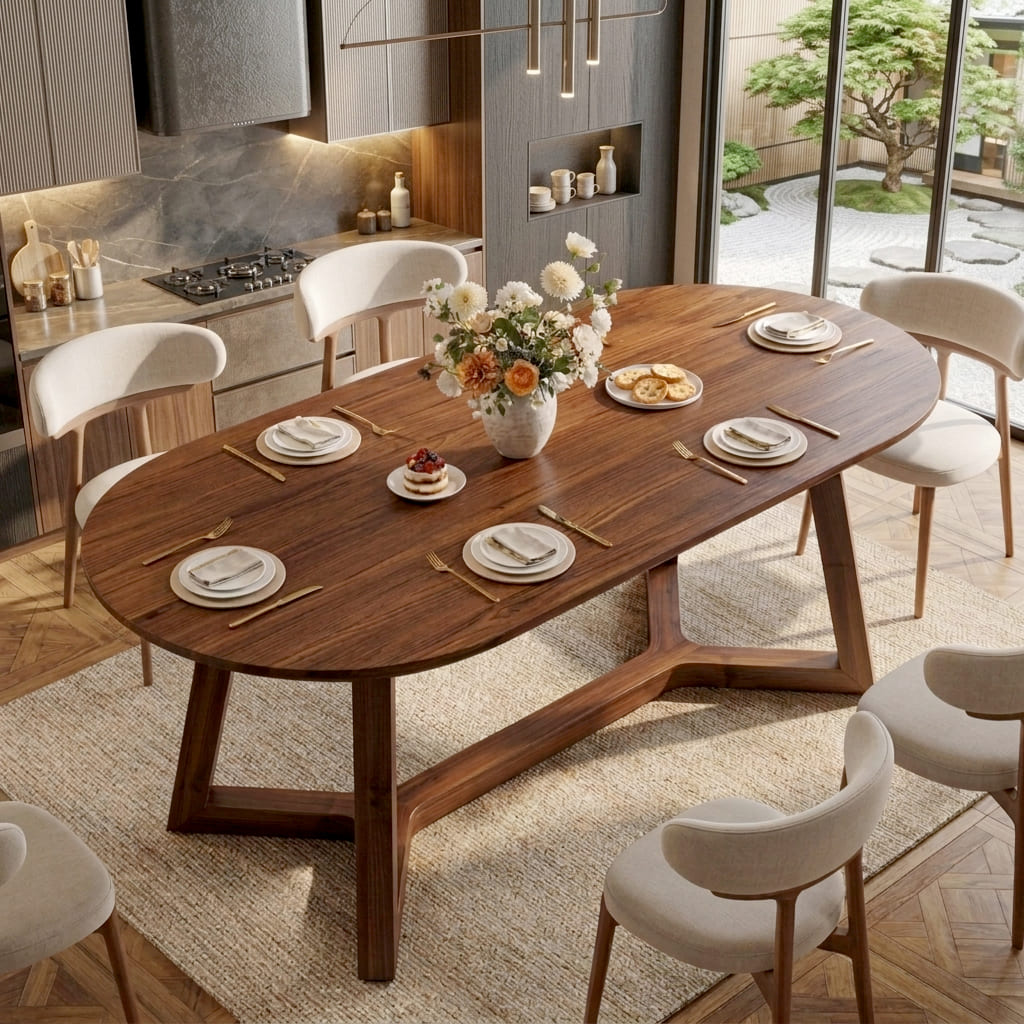 Organische ovale boomrand eettafel van massief hout met sculpturale X-poot