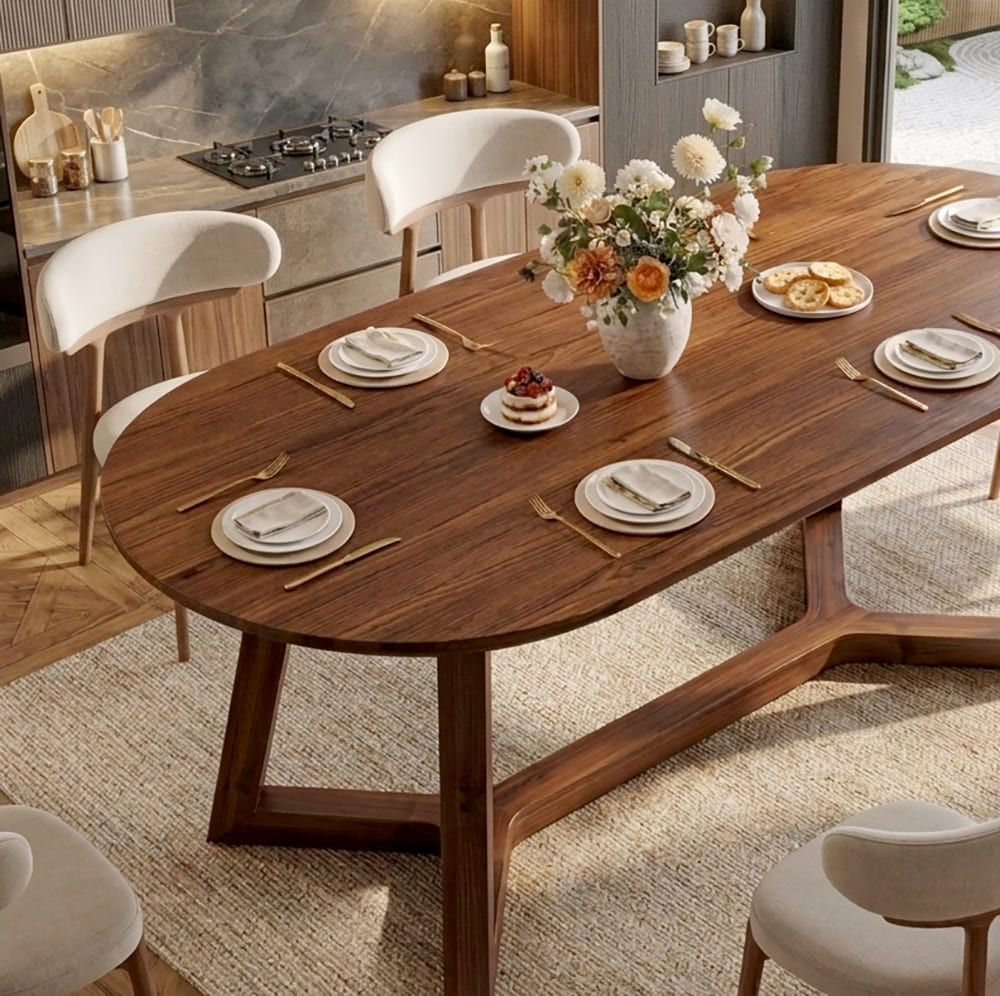 Sculpturale X-poot eettafel van eersteklas hardhout met rijke natuurlijke nerf