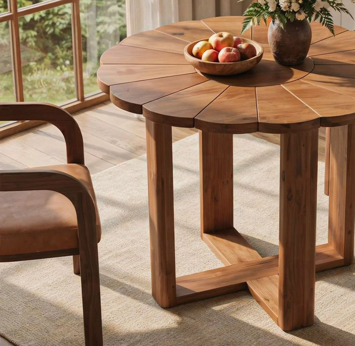 Handgemaakte ronde massief houten eettafel met geschulpte boomranddetails