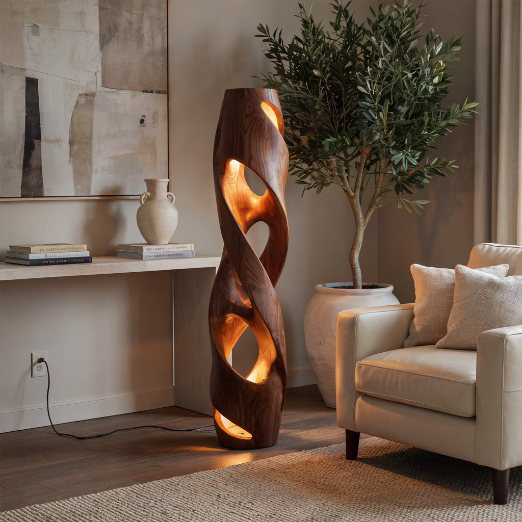 Artistieke hardhouten vloerlamp in een luxe zithoek