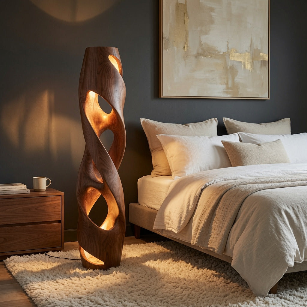Organische sculpturale vloerlamp van massief hout