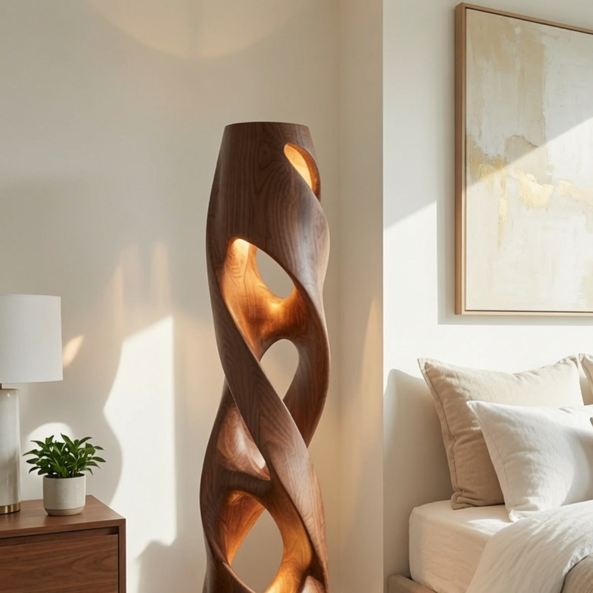 Moderne massief houten vloerlamp met sculpturaal ontwerp