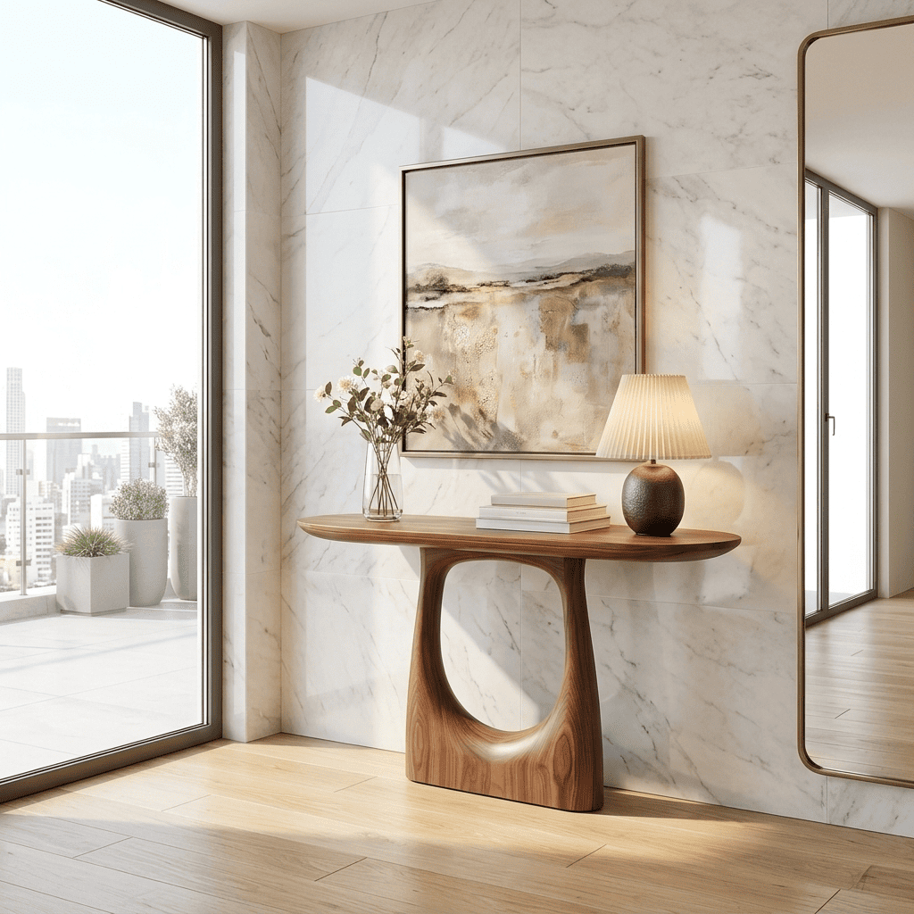 Houten consoletafel met artistieke ovale uitsparing voor luxe woondecoratie