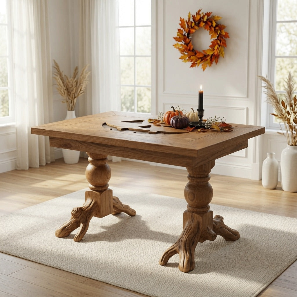 Handgemaakte houten salontafel met sculpturale wortelvoet in een rustiek interieur