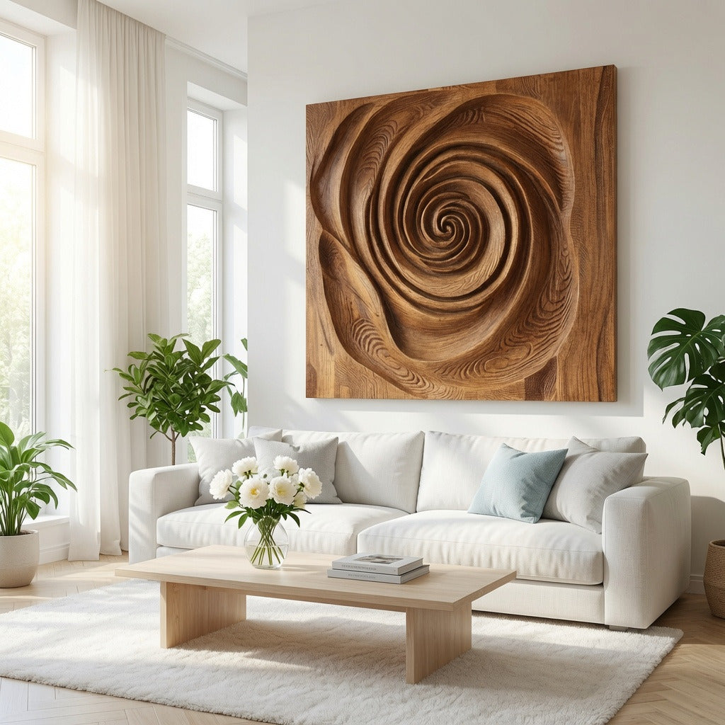 Organische Spiraal Wandsculptuur - Massief Hout Kunst