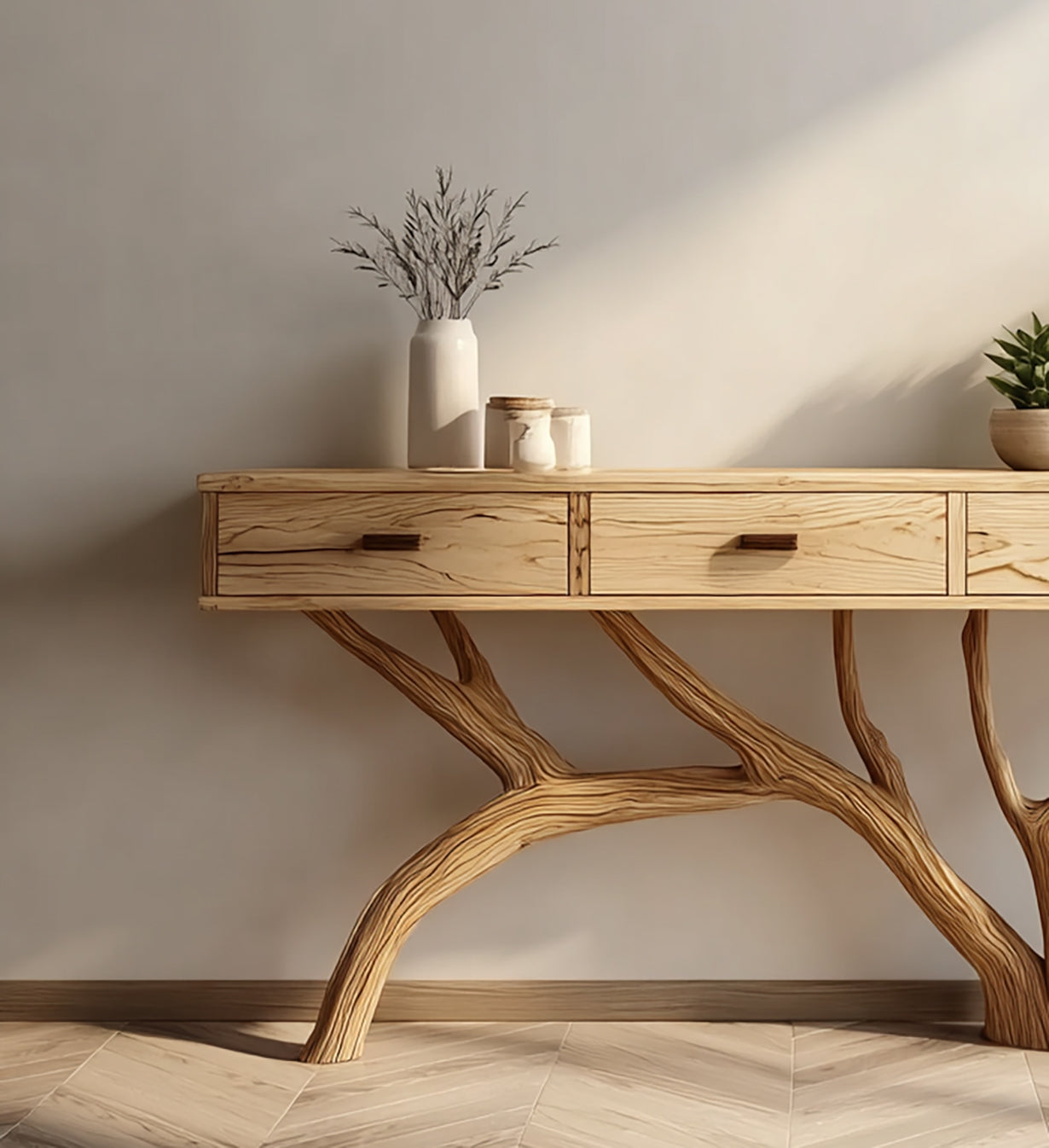 Organische Moderne Consoletafel – Live Edge Houten Tafel met Takkenbasis