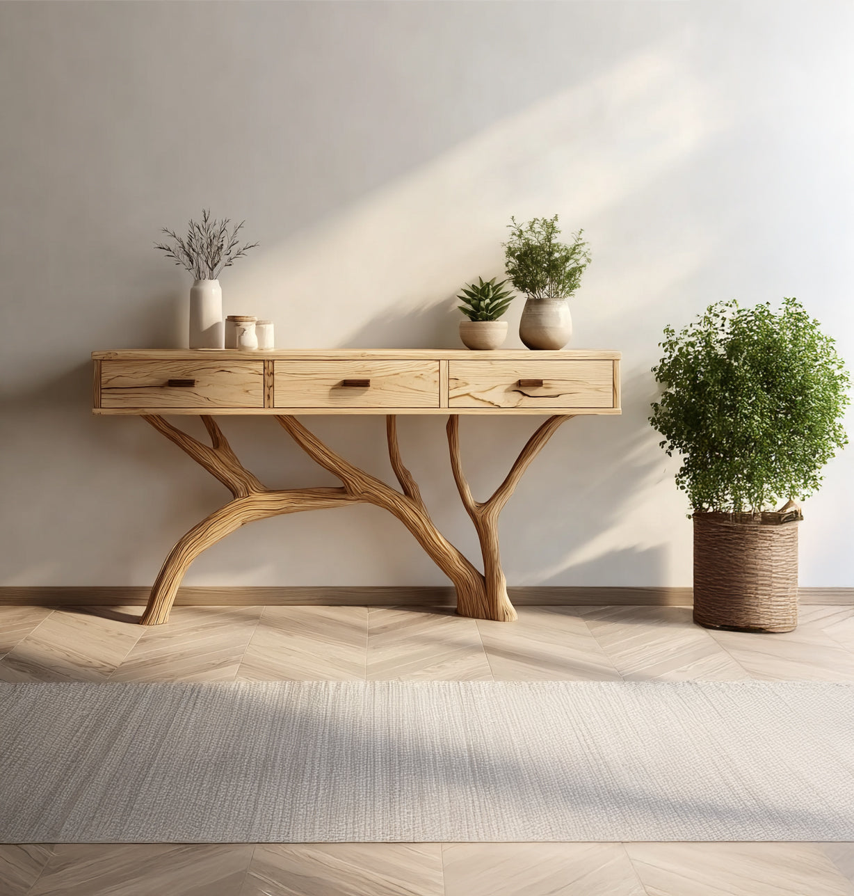 Organische Moderne Consoletafel – Live Edge Houten Tafel met Takkenbasis