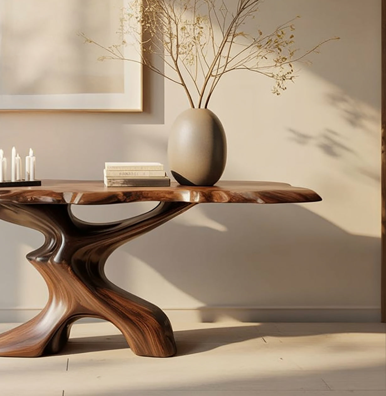 Organische Moderne Consoletafel – Live Edge Houten Tafel met Takkenbasis