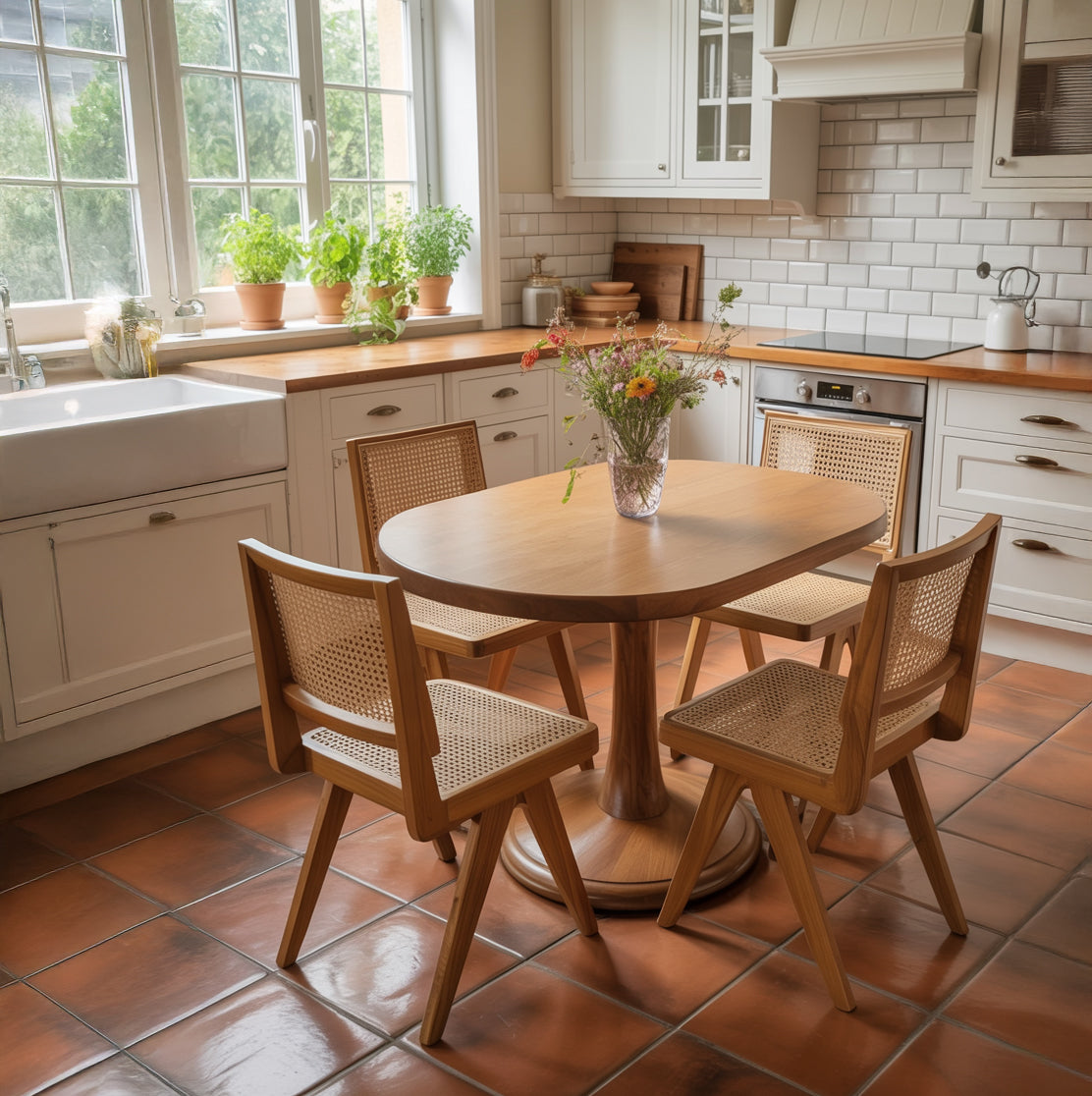 Eigentijdse eettafel met sculpturaal zuilonderstel