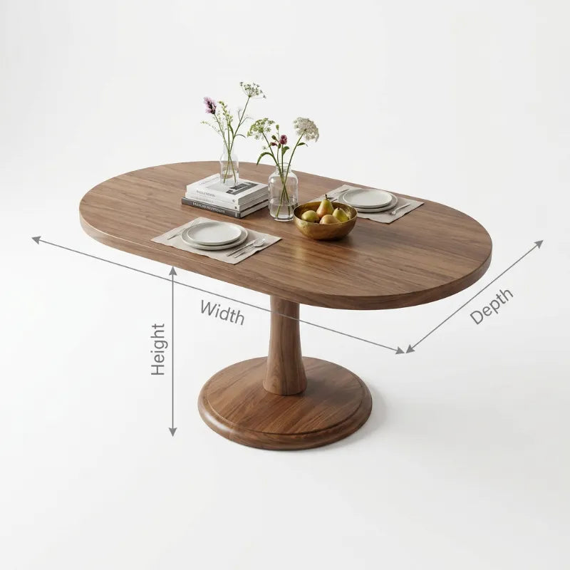 Ovale Massief Houten Eettafel - Sculpturaal Zuilonderstel
