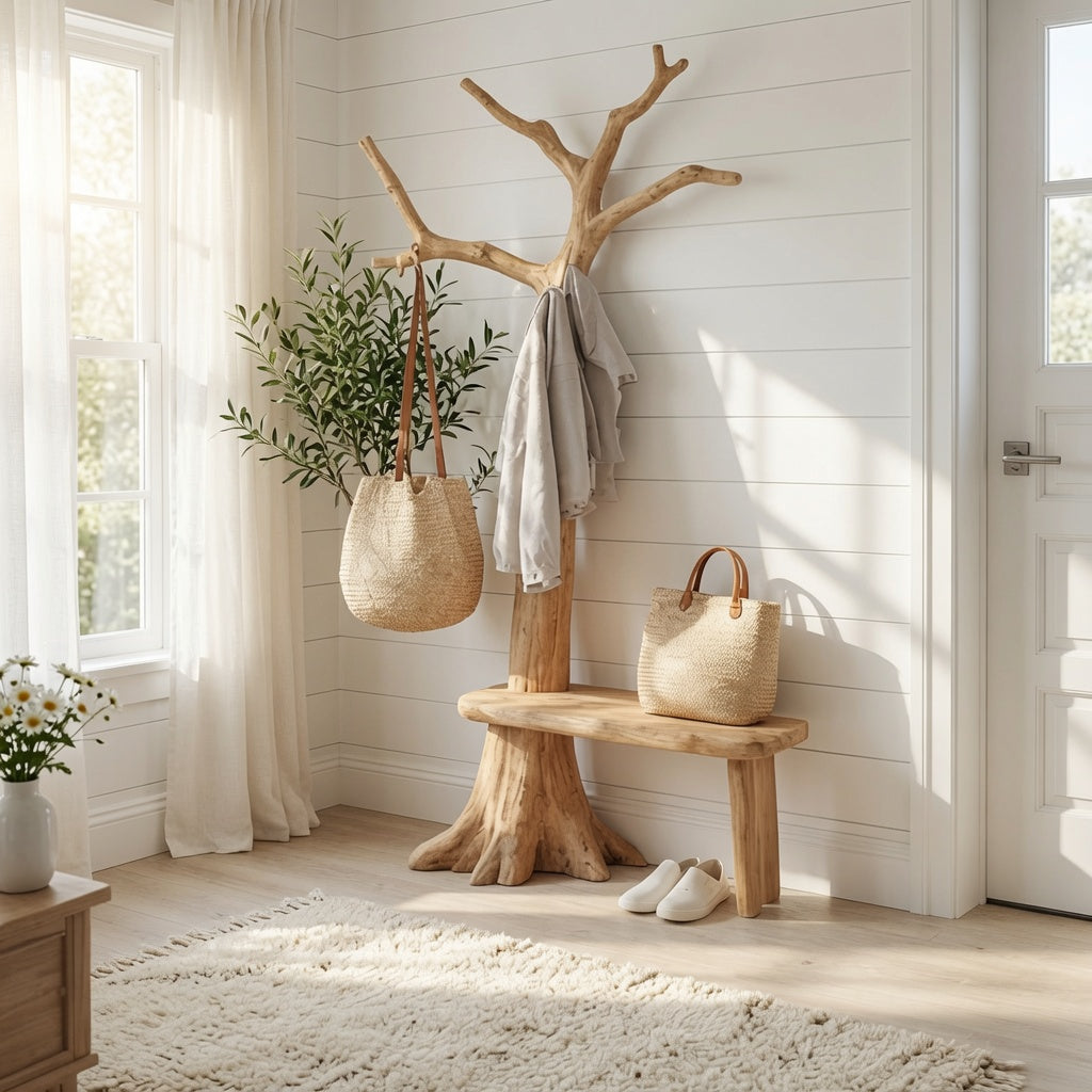 Rustieke artistieke houten boomkapstok met bank van massief hout