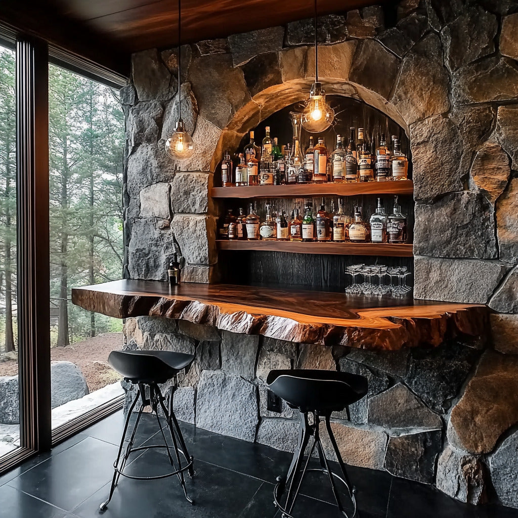 Rustieke zwevende boomrand whiskybar van massief hout
