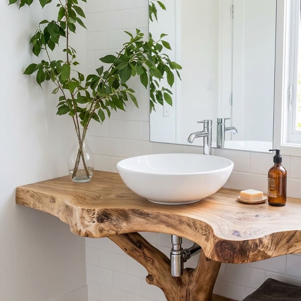 Massief houten wastafelmeubel met rustiek design en sculpturale takpoot