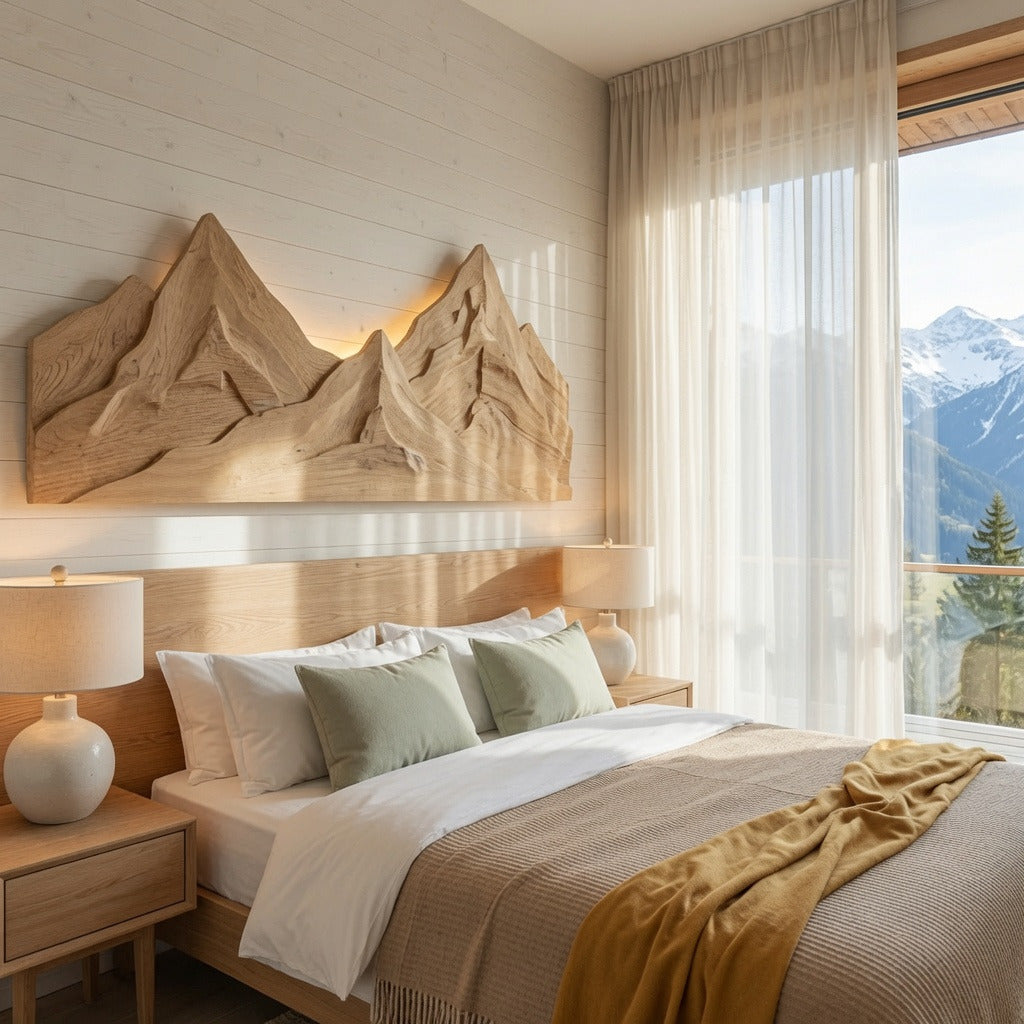 Ambachtelijk gesneden berg-wandkunst als blikvanger in een gezellige slaapkamer