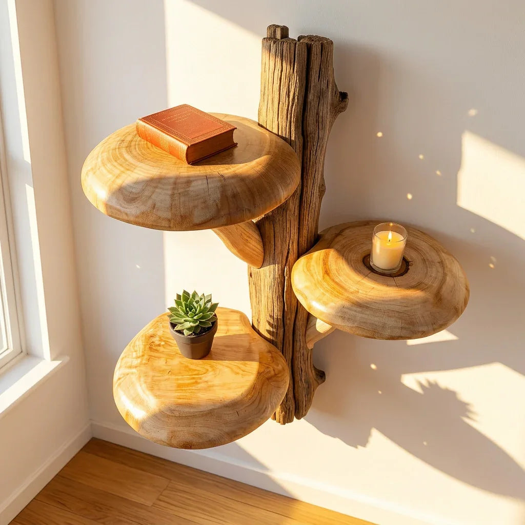 Massief houten boomstam wandplank met natuurlijke schors en drie brede kappen