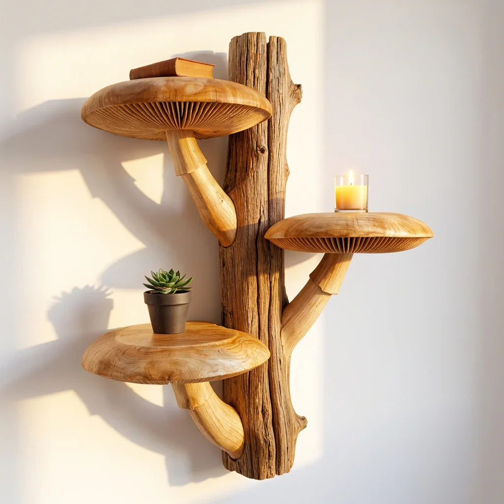 Massief houten boomstam wandplank met natuurlijke schors en drie brede kappen