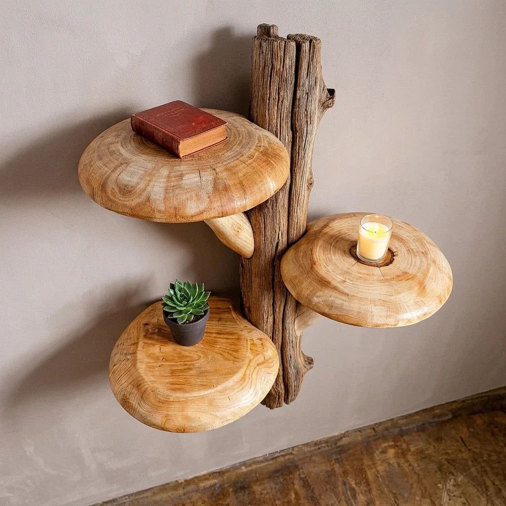 Massief houten boomstam wandplank met natuurlijke schors en drie brede kappen