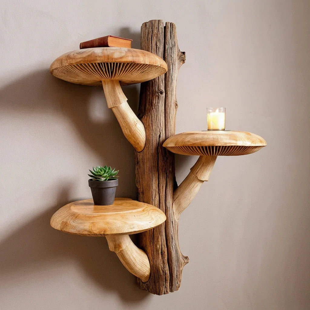 Massief houten boomstam wandplank met natuurlijke schors en drie brede kappen