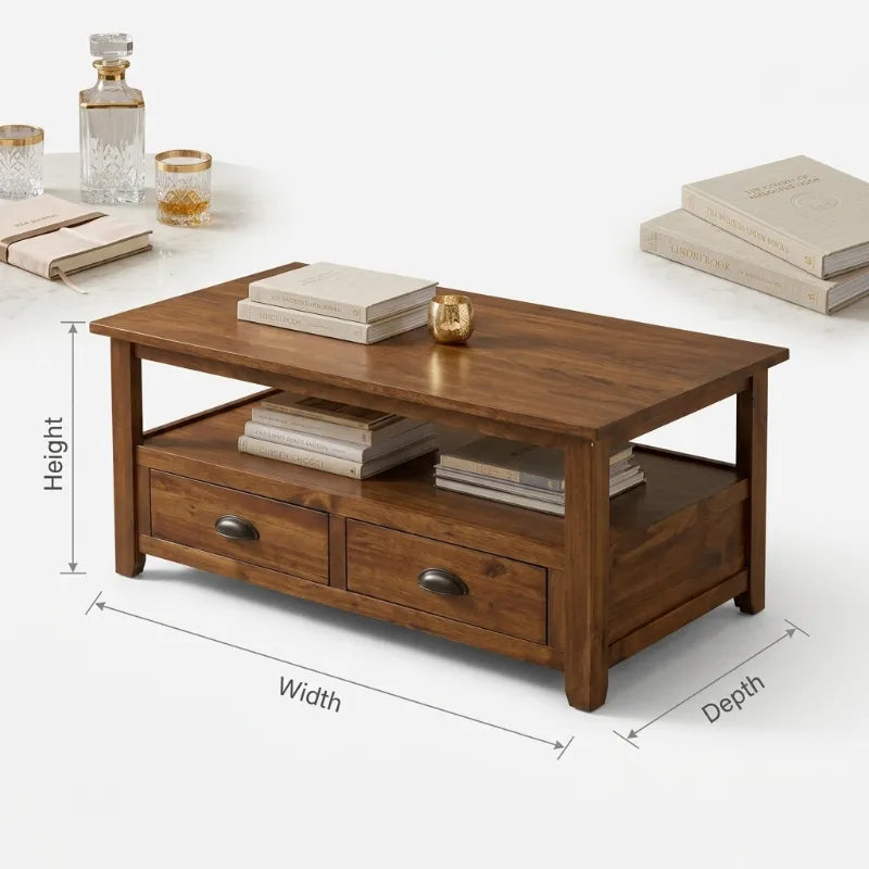 Rustieke Salontafel met 2 Laden - Open Schap Massief Hout
