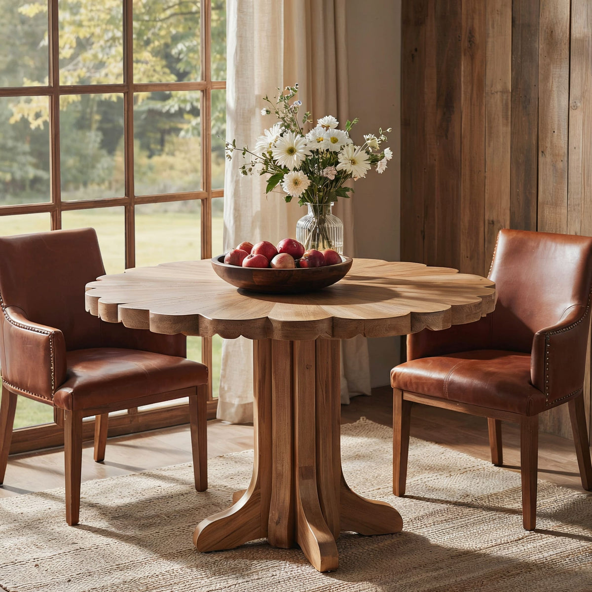 Geschulpte organische ronde eettafel van massief hout gemaakt van eersteklas hardhout