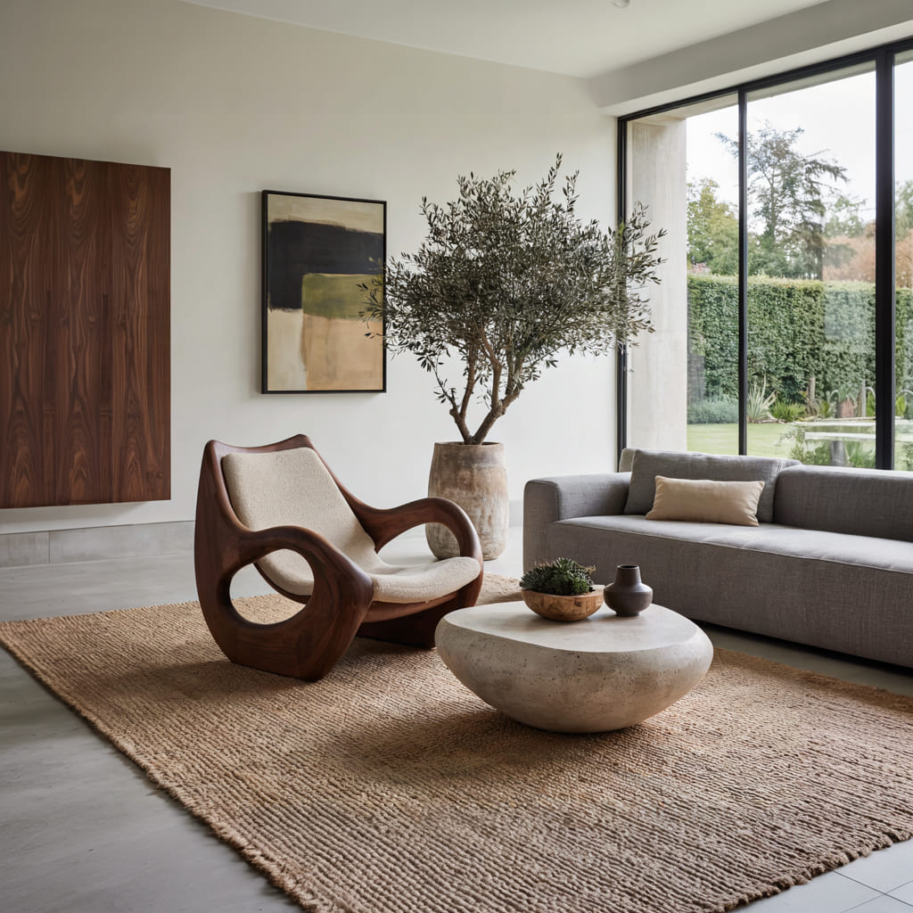 Scandinavische massief houten accentstoel in een moderne woonkamer