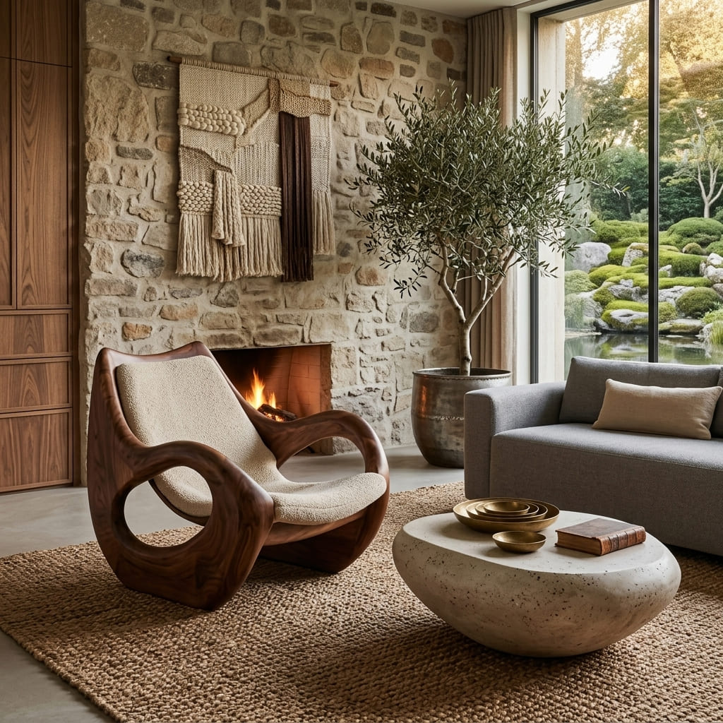 Scandinavische loungestoel met gebogen vorm in een elegante zithoek