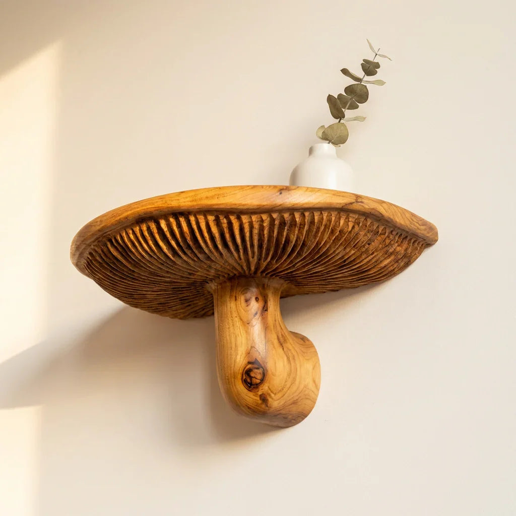 Sculpturale massief houten paddenstoel zwevende wandplank met lamellen
