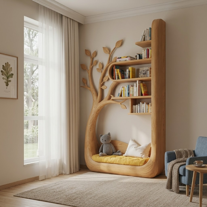 Sculpturale boom boekenkast met ingebouwde leeshoek van massief hout