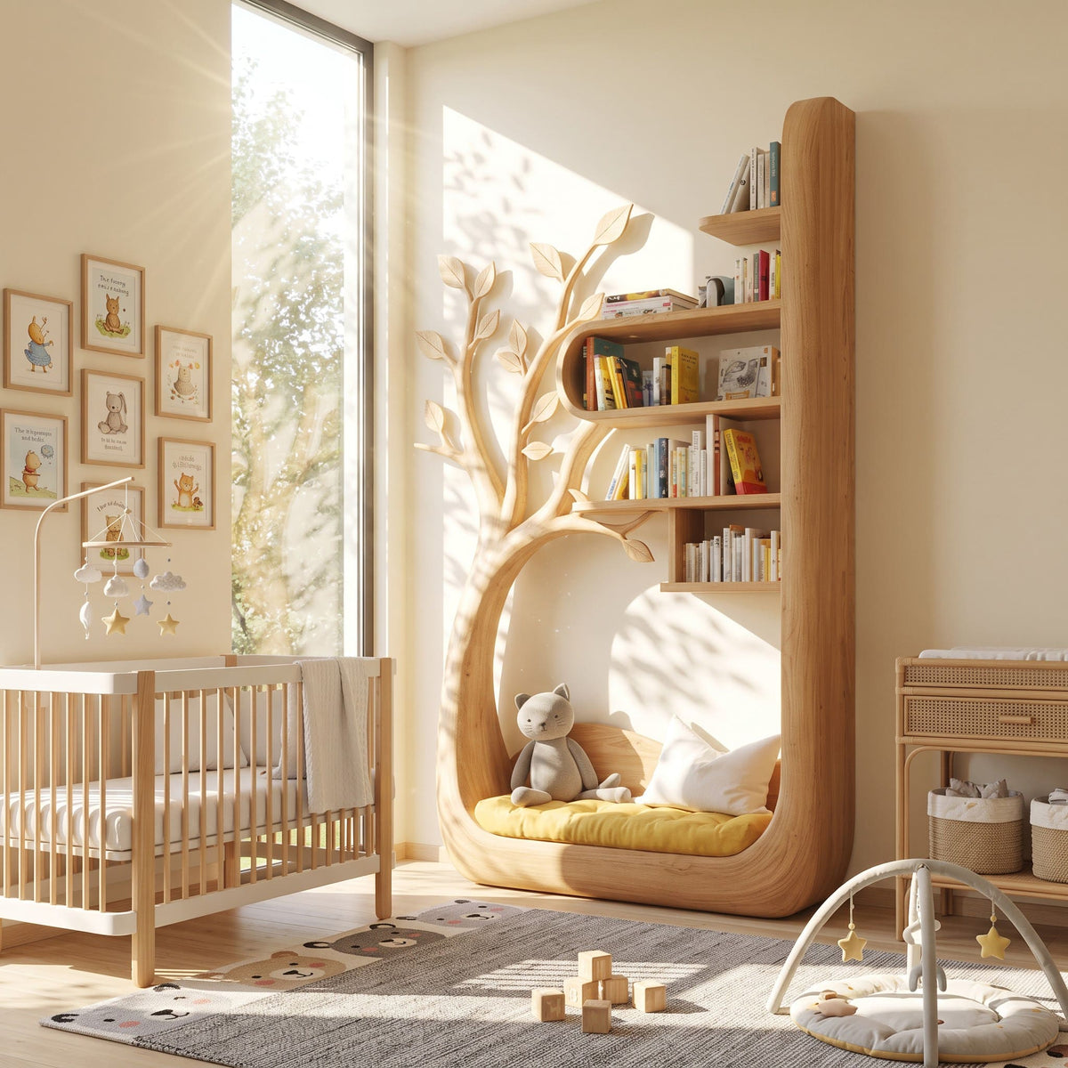 Houten boomboekenplank met leescirkel in een knusse speelkamer