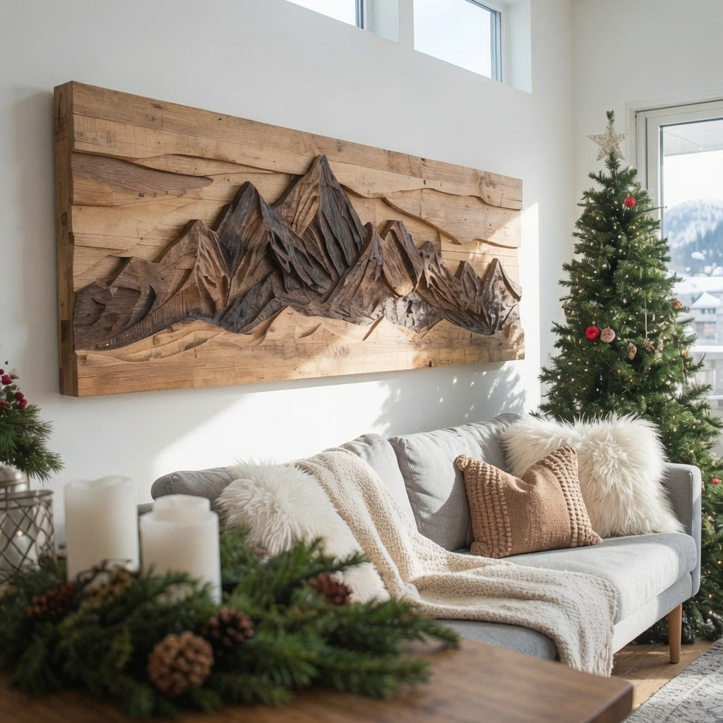 Handgesneden Berglandschap Wandkunst - Massief Hout